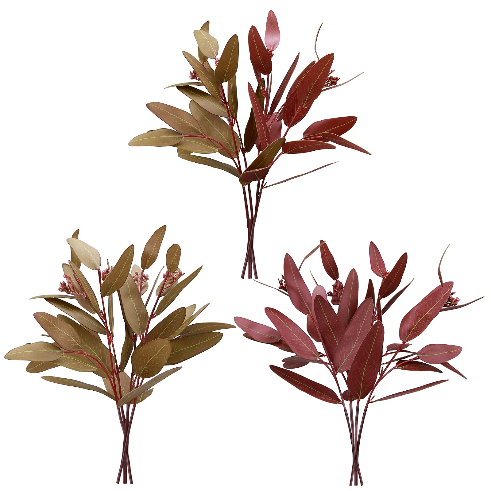 Felice Arts 12 Pack Mixed Color Artificial Eucalyptus Leaves Stems 13 Inches Seeded Fake Olive Greenery Stems for Vase Bridal Wedding Bouquet DIY Crafts Decor (Burgundy & Brown)