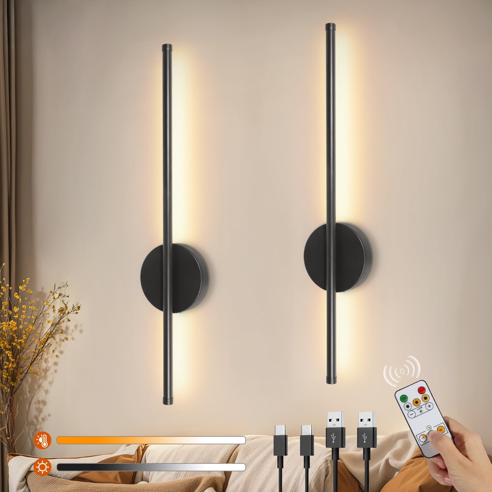 Ketom 2 Stück LED Wandleuchte Innen, Dimmbare Wandlampe mit Fernbedienung und Timerfunktion, 3 Farbtemperaturen, Modern USB Aufladbar Wandlampe Akku für Schlafzimmer Wohnzimmer Flur