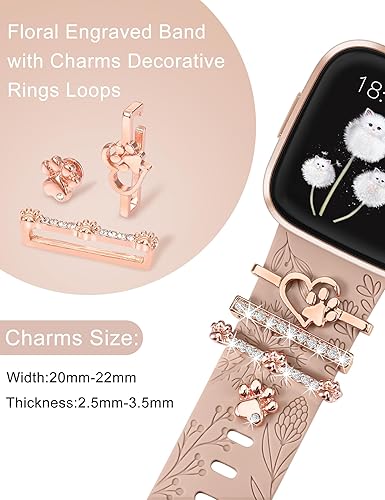 Miniatura 10 de Minyee Correa con dije grabado floral compatible con Fitbit Versa 2Fitbit VersaVersa Lite bandas para mujer, anillo decorativo brillante de silicona