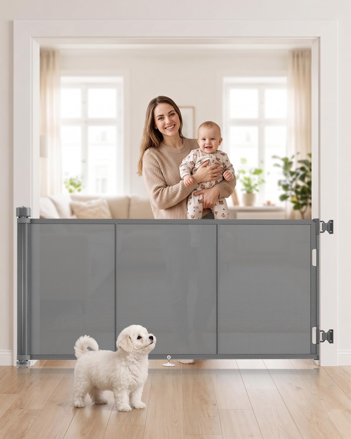 Upgraded 180cm Reinforced Retractable Stair Gate with Reinforced Strip Design to Prevent Crawling Through, 86cm Tall Retractable Baby Gate for Doorways, Hallways
