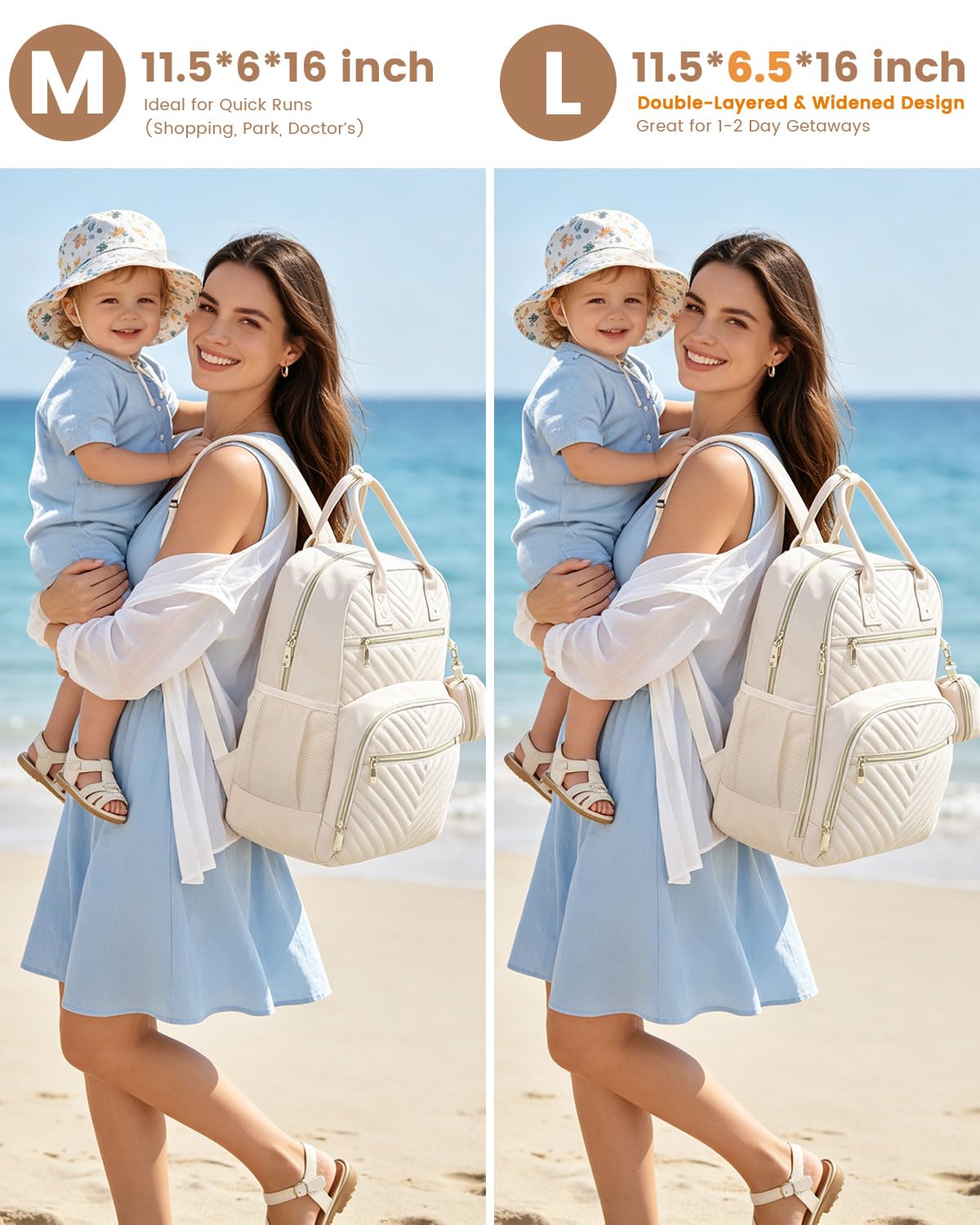 Pritent Zaino per pannolini, borsa essenziale per pannolini con custodia per ciuccio, elegante zaino da viaggio per neonata/ragazzo, Beige, Medium