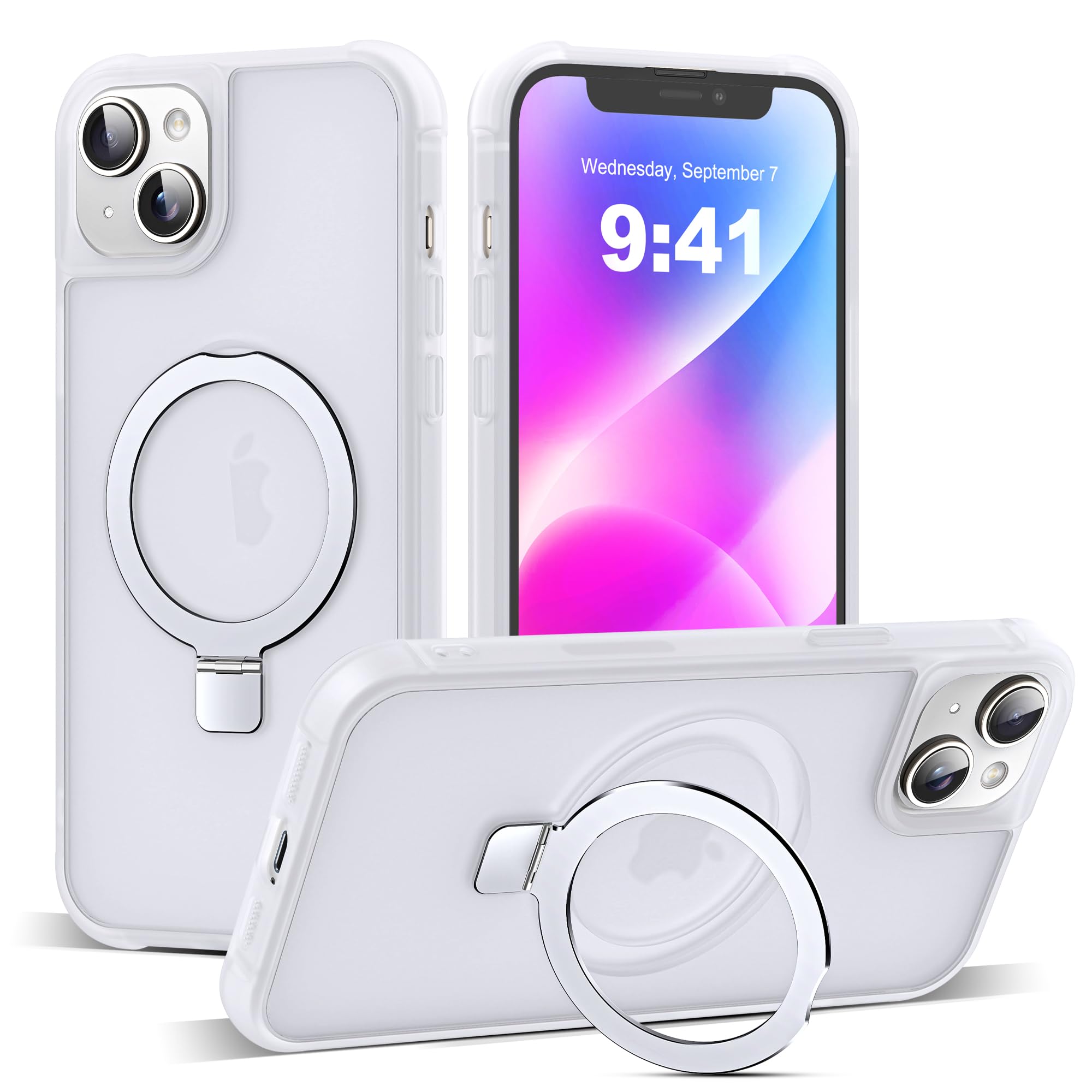 SKYLMW Compatible with iPhone 14 Plus Case with Invisible Magnetic O-Ring Stand Military-Grade Phone Case for iPhone 14 Plus 6.7" [Compatible with