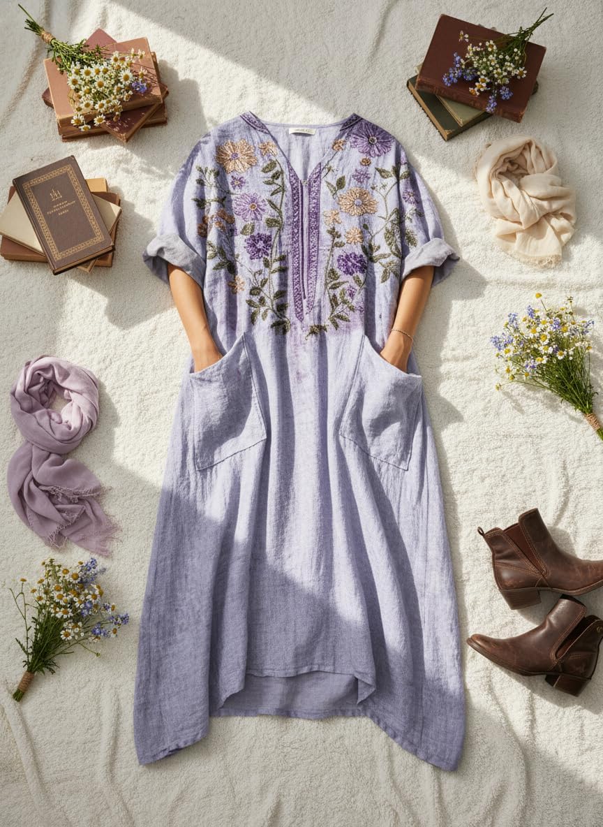 TIAFORD 2026 Spring Summer Boho Floral Printed Linen Maxi Dress V Neck Batwing Sleeve Oversized Kaftan Dresses with Pockets