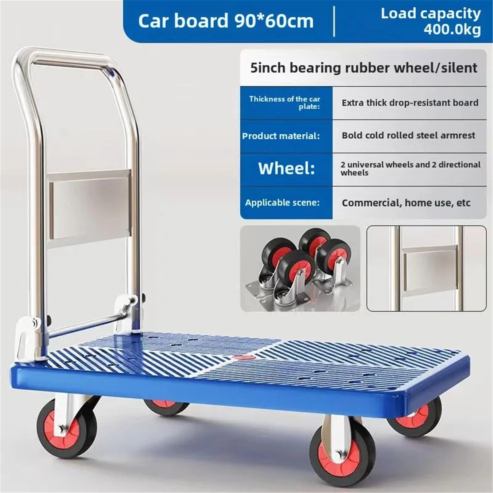 Carretillas manuales plegables de plataforma Carretilla de mano plegable multifuncional, remolque almacén, carrito compras portátil cuatro ruedas silencioso, camión plataforma manipulación