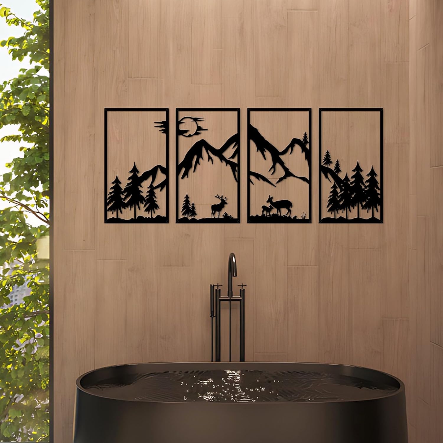 DUOOLN 4 Pcs Mountain Scene Metal Wall Decor, Black Line Drawing Wall Art, Abstract Minimalist Rustic Nature Home Wall Art Sculpture for Adventure Decor and Garden Home Decor Hanging