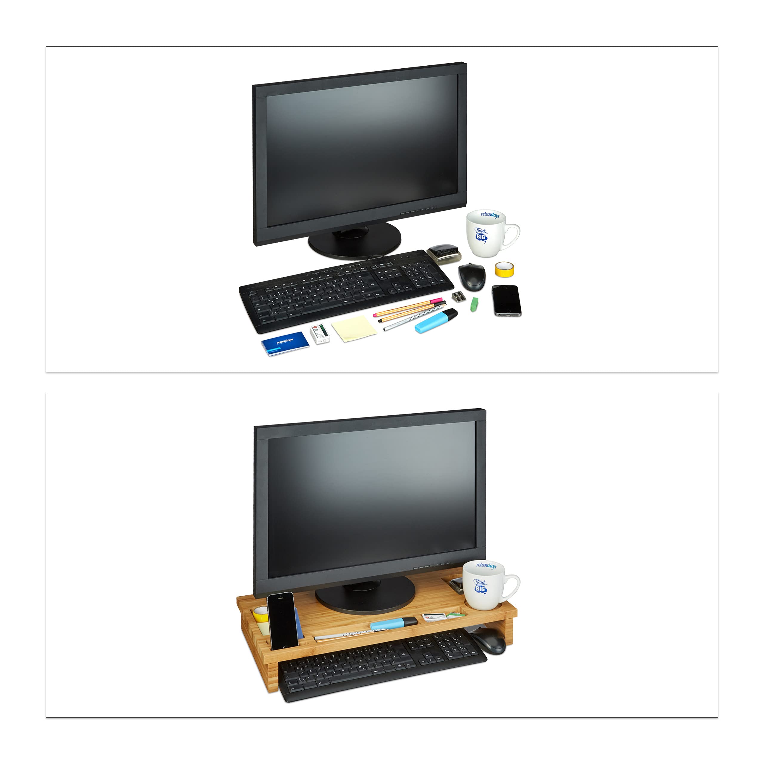Relaxdays, Naturalny stojak na monitor, bambus, podwyższenie ekranu do laptopa, stojak na ekran z miejscem do przechowywania, wys. x szer. x gł.: 9 x 60 x 30 cm, standardowy