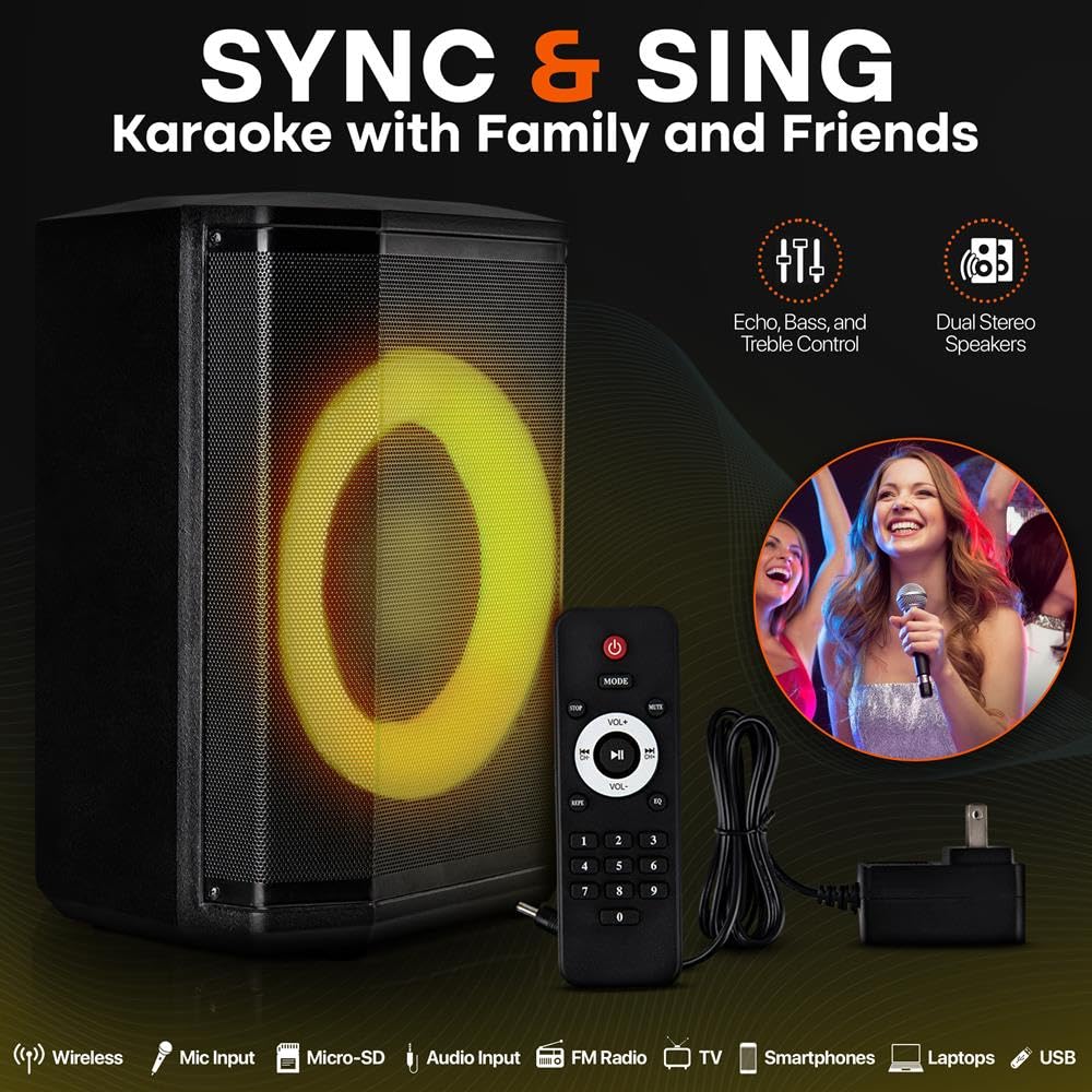 Pyle Partybox Bluetooth Lautsprecher 120W TWS – Kompakte PA Anlage mit kraftvollem Sound, LED Lichteffekte, inkl. Tragtasche, Stativ, USB, Micro SD, FM Radio