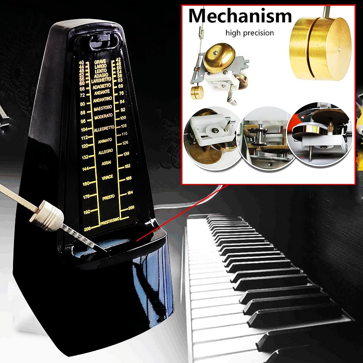 Mechanisches Metronom mit Akzentglocke, Präziser Takt und Kräftiger Klang, geeignet für Klavier Violine Cello Akkordeon Gitarre Schlagzeug Saxophon Trompete etc