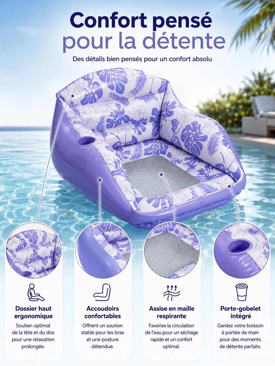 Fauteuil Flottant pour Piscine | Fauteuil Piscine Gonflable, Le Fauteuil Flottant Premium 4 en 1,Matelas et Fauteuil Flottant pour Adultes, Plage et Vacan