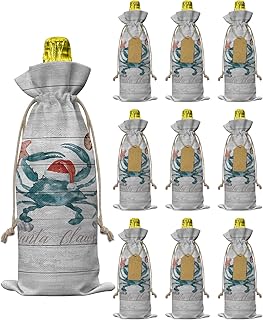 Burlap Wine Bags with Drawstrings Wine Bags Gift 10 Pcs, Christmas Reusable Bottle Bags for Wedding, Birthday, Housewarming, Dinner Party, Holiday Sailing Crab Wearing Christmas Hat
