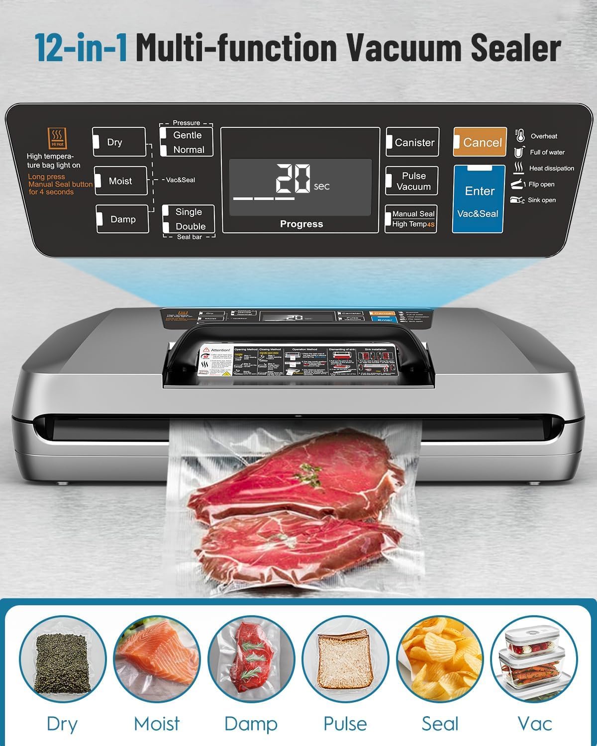 Machine Sous Vide Alimentaire Professionnelle 95 kPa, 12 en 1 Sous Videuse Alimentaire avec Rangement pour Sacs, Coupe-sac Intégré, 1 Rouleaux de sac et 10 Sacs Prédécoupés