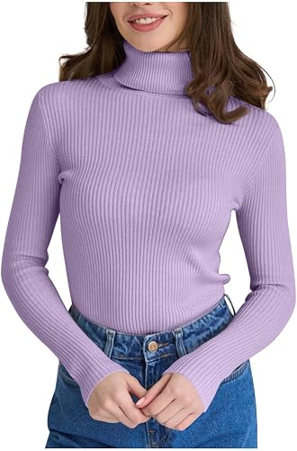 Shiketong Womens Ribbed Turtleneck Sweater Slim Fit Knit Pullover Purple