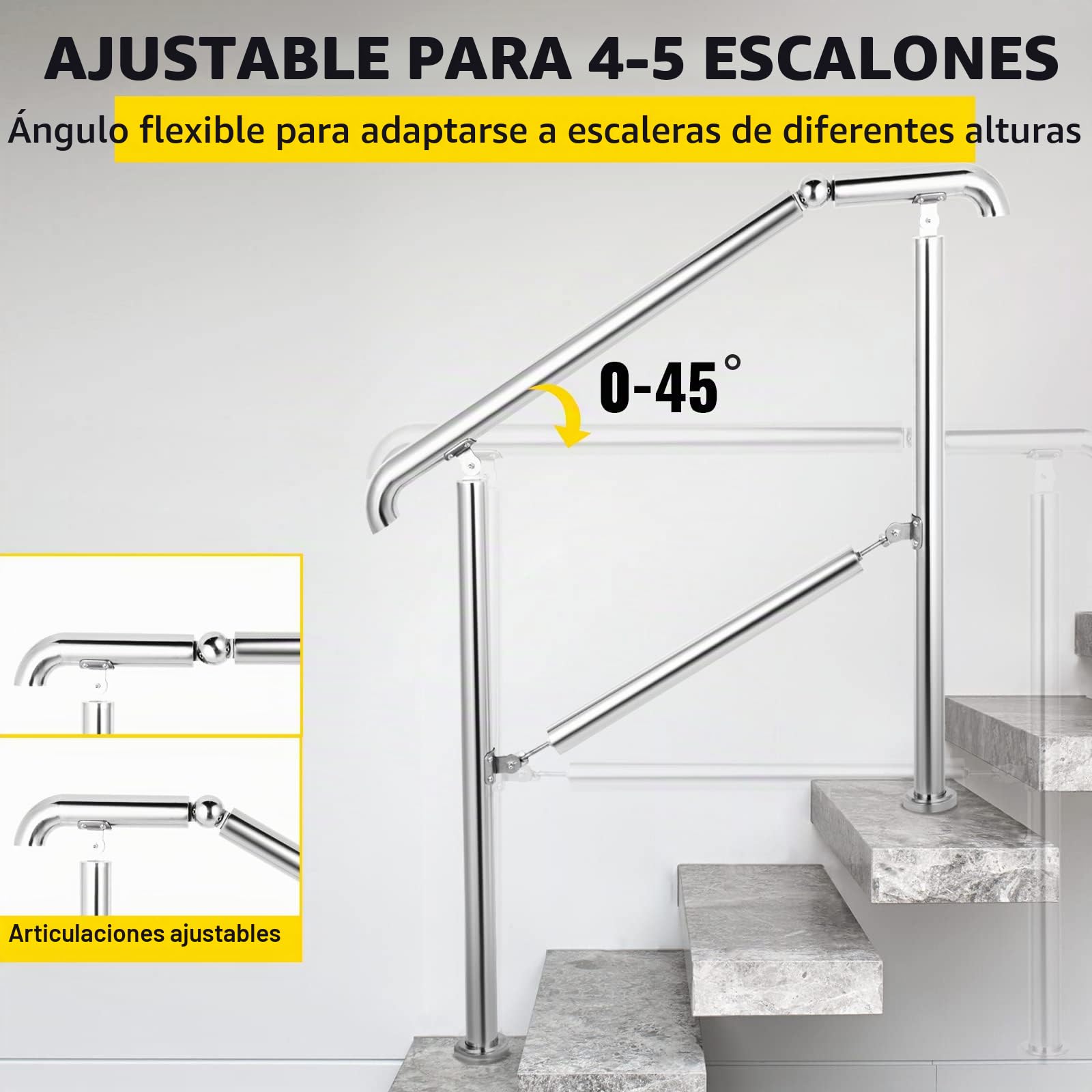 Happybuy Pasamanos Escalera de Acero Inoxidable 304 Barandilla Escalera de 4 a 5 Pasamanos para Escaleras de Color Plata Pasamanos de Pared Ángulo Ajustable 0-60° Montaje en Pared Capacidad de 100 kg