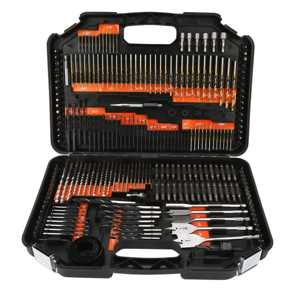 Juego de 246 machos de roscar combinados, brocas y destornilladores con caja de plástico negro para taladros de madera, metal, cemento y tornillos en una caja de plástico