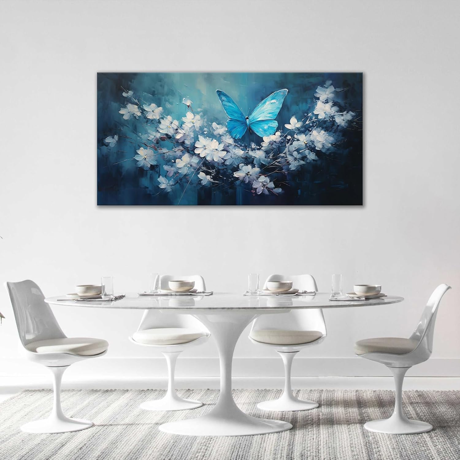 Blue Butterfly Bathroom Wall Art for Living Room Blue Butterfies Bathroom Pictures Floral Bathroom Wall Decor Bathroom Canvas Prints Painting Framed Artwork for Office Bedroom 60"x30"