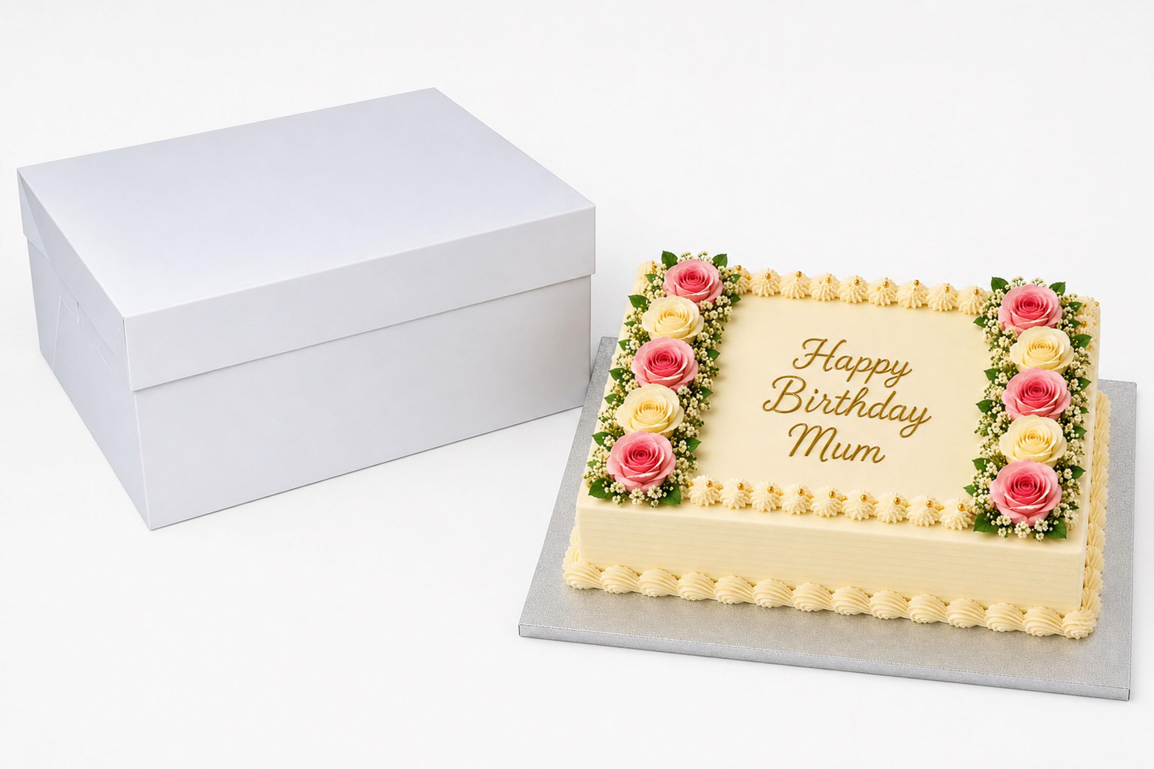 LARRYROO Oblong Cake Box & Drum Combo Set, 6 Inches High White Rectangle Container For Cake, Tray Bake & Cupcake Display (12" x 9")