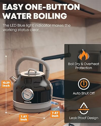 Miniatura 5 de Amaste Hervidor eléctrico, hervidor de té eléctrico retro con termómetro, hervidor de agua caliente de 57 onzas para café y té, acero inoxidable