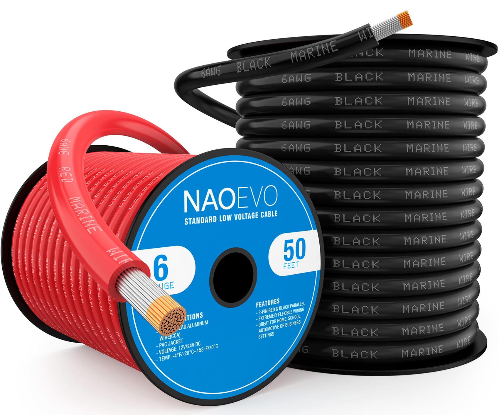 NAOEVO 6 Gauge Marine Wire, 6 AWG Tinned Copper PVC Marine Grade Wire, IP68 Waterproof/Corrosion-Resistant Electrical Cable for Boat, RV, Automotive, Solar, Trolling Motor (50 ft Black + 50 ft Red)