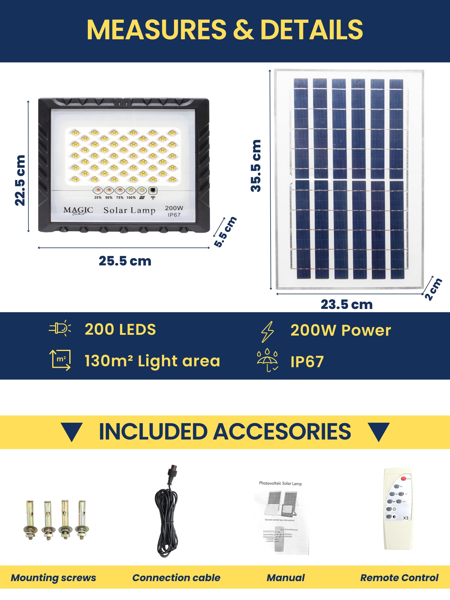 2x Foco Proyector 200W 200LED con Panel Solar Fotovoltaico, Mando a Distancia y Sensor de Encendido Automático. Foco Solar IP67 con Luz Blanca, Iluminación de Exterior, Patio, Jardín, Camino, Garaje