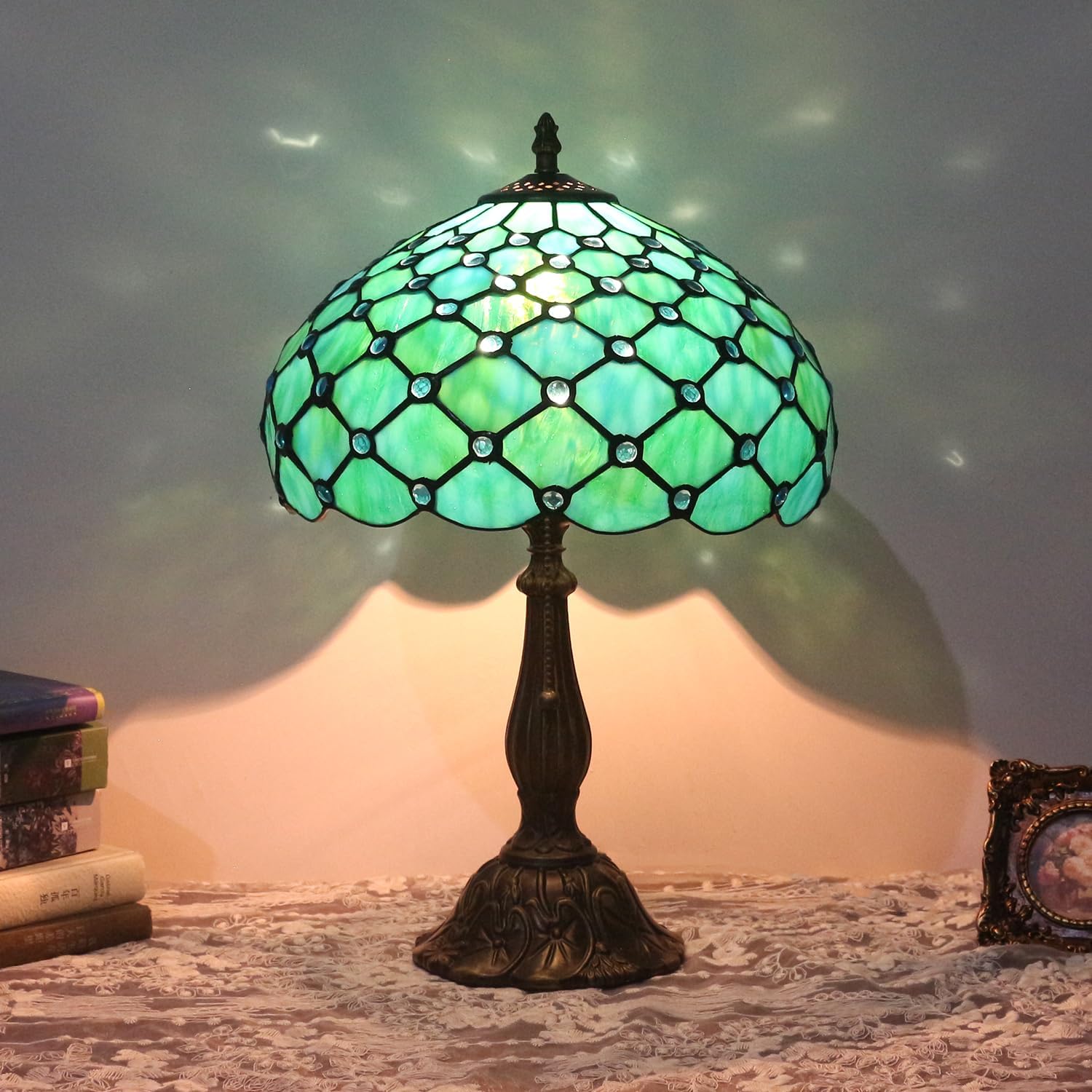 Tiffany Lamp,W12H19 Inch Stained Glass Table Lamp,Antique Desk Light,Art Decor Table Lamp(Sea Blue Pearl Style)