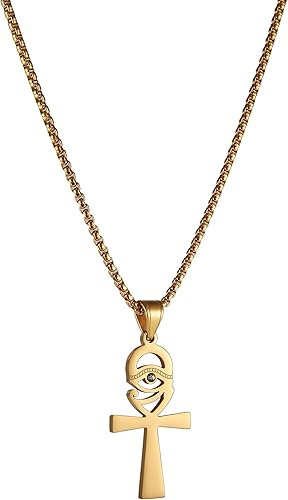 Miniatura 5 de HZMAN Collar religioso con dije de cruz de Ankh de Ojo de Horus Egipto y Copta de acero inoxidable dorado con cadena Figaro de 24 pulgadas
