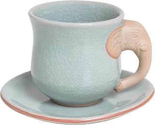 NOVICA Artisan Handmade Celadon Ceramic Cup Saucer Aqua with Elephant Motif Green Thailand Tableware Dinnerware Cups Saucers Animal Themed [cups 2.9in H x 3.9in W x 3in D Saucers 0.6in H x 4.9in Diam]