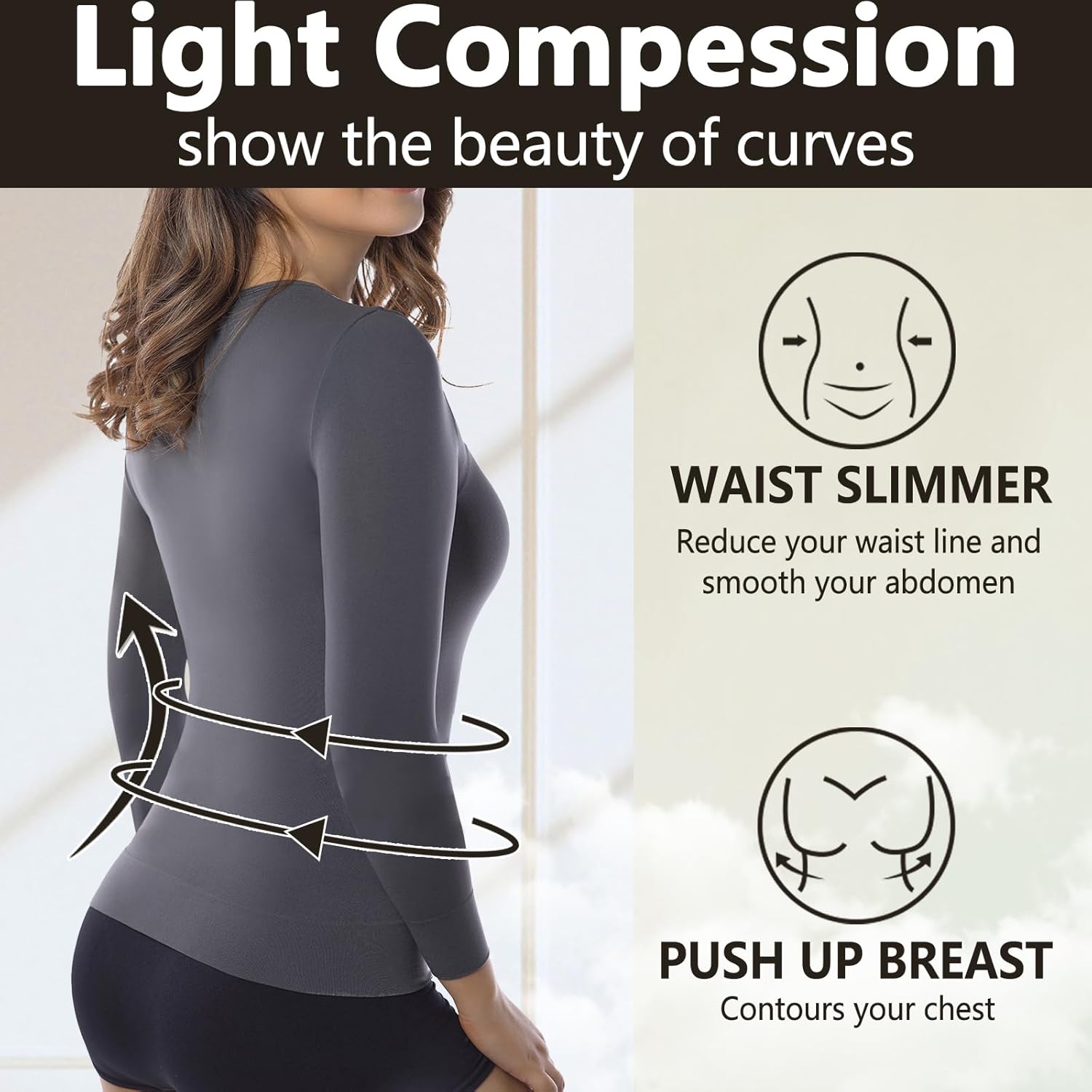 +MD Women Light Compression Undershirts 3/4 Length Sleeve Crew Neck Basic Shapewear Thermal Tops for Tummy Waist Control - Image 2