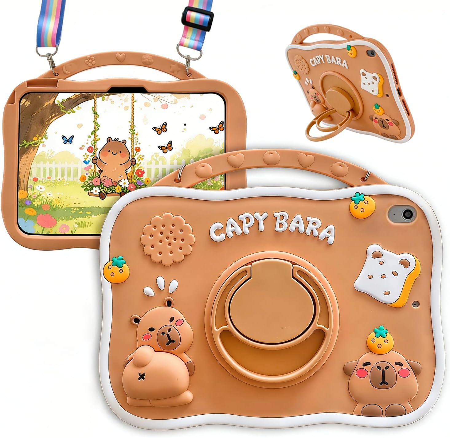 Capybara Kids Case for iPad (A16) 11th Generation 11 inch 2025 / iPad 10th Gen 10.9" 2022-3D Cute Silicone Cover for Girls with 360° Rotating Stand, Adjustable Strap-Brown