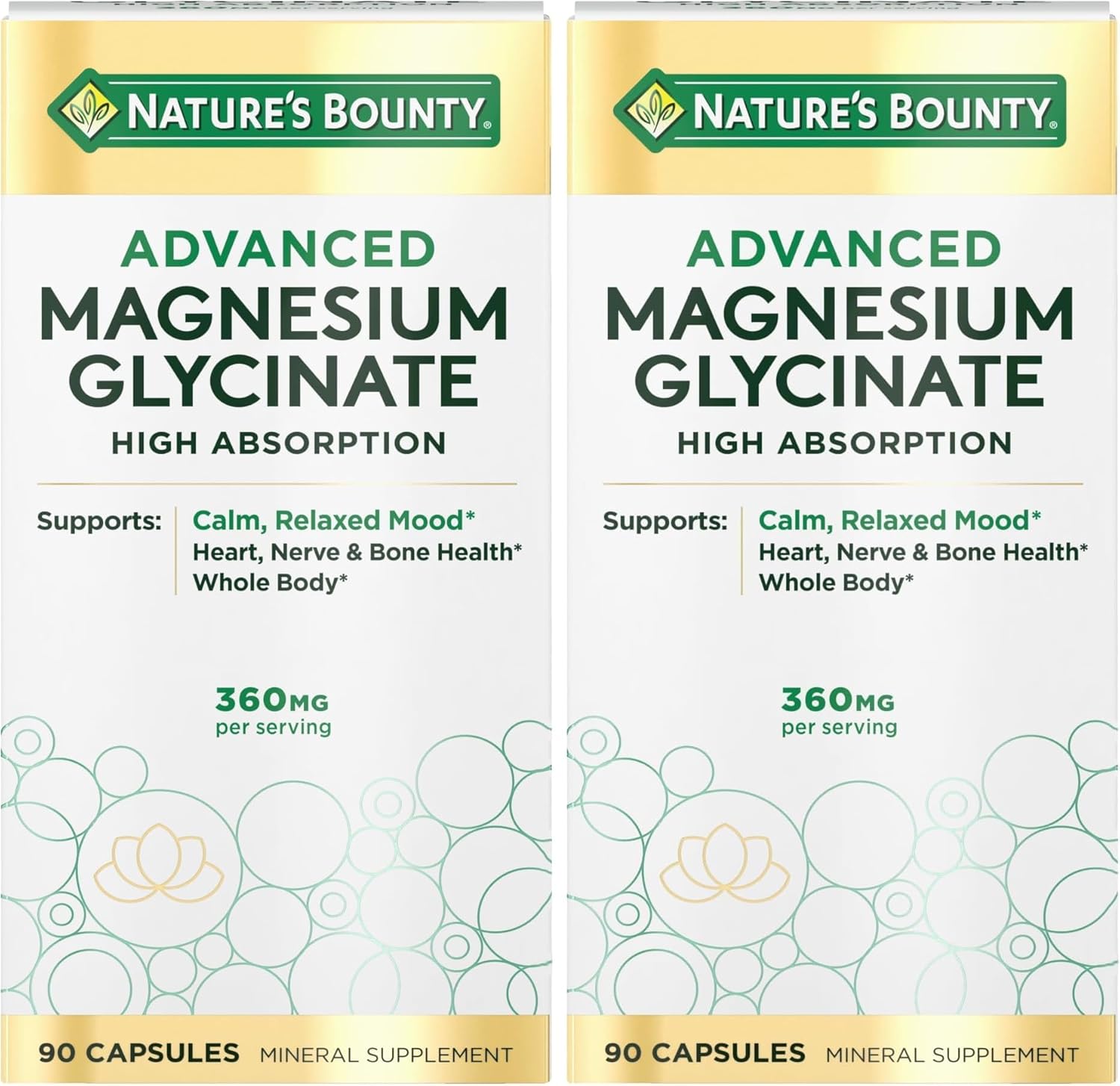 Nature's Bounty Calm Magnesium Glycinate Supplement - High Absorption Magnesium for Relaxed Mood, Heart & Bone Health, 90 Capsules (Pack of 2)