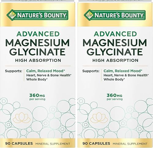 Nature's Bounty Suplemento de glicinato de magnesio Calm, magnesio de alta absorción para un estado de ánimo relajado, salud cardíaca y ósea, 90