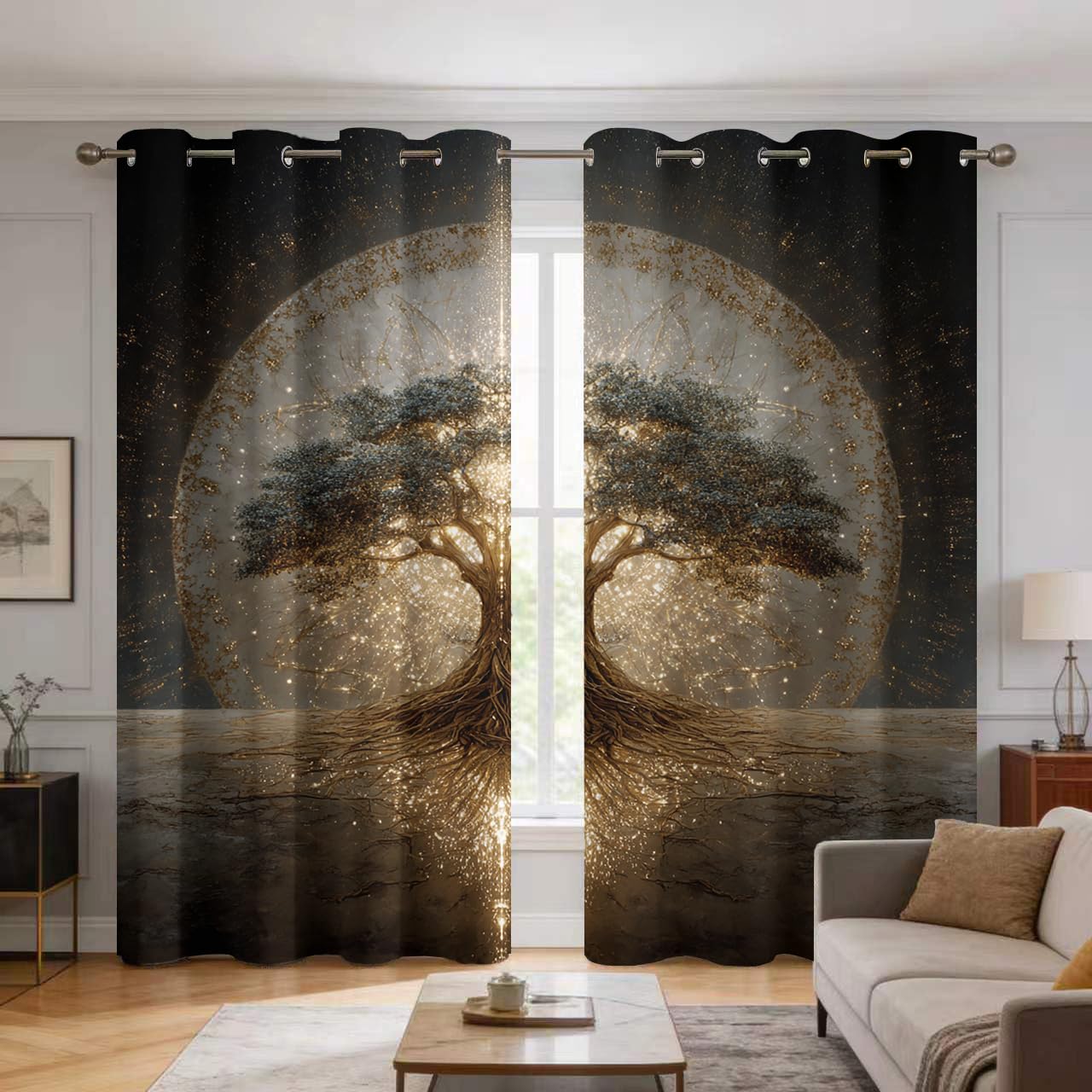 Rideaux occultants imprimé Arbre de vie pleine lune avec oeillets 140x160cm
