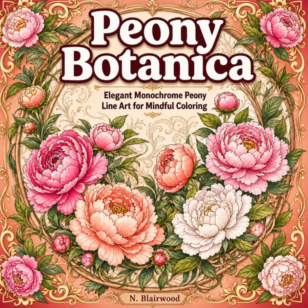 Peony Botanica: Elegant Monochrome Peony Line Art Coloring Book for Adults