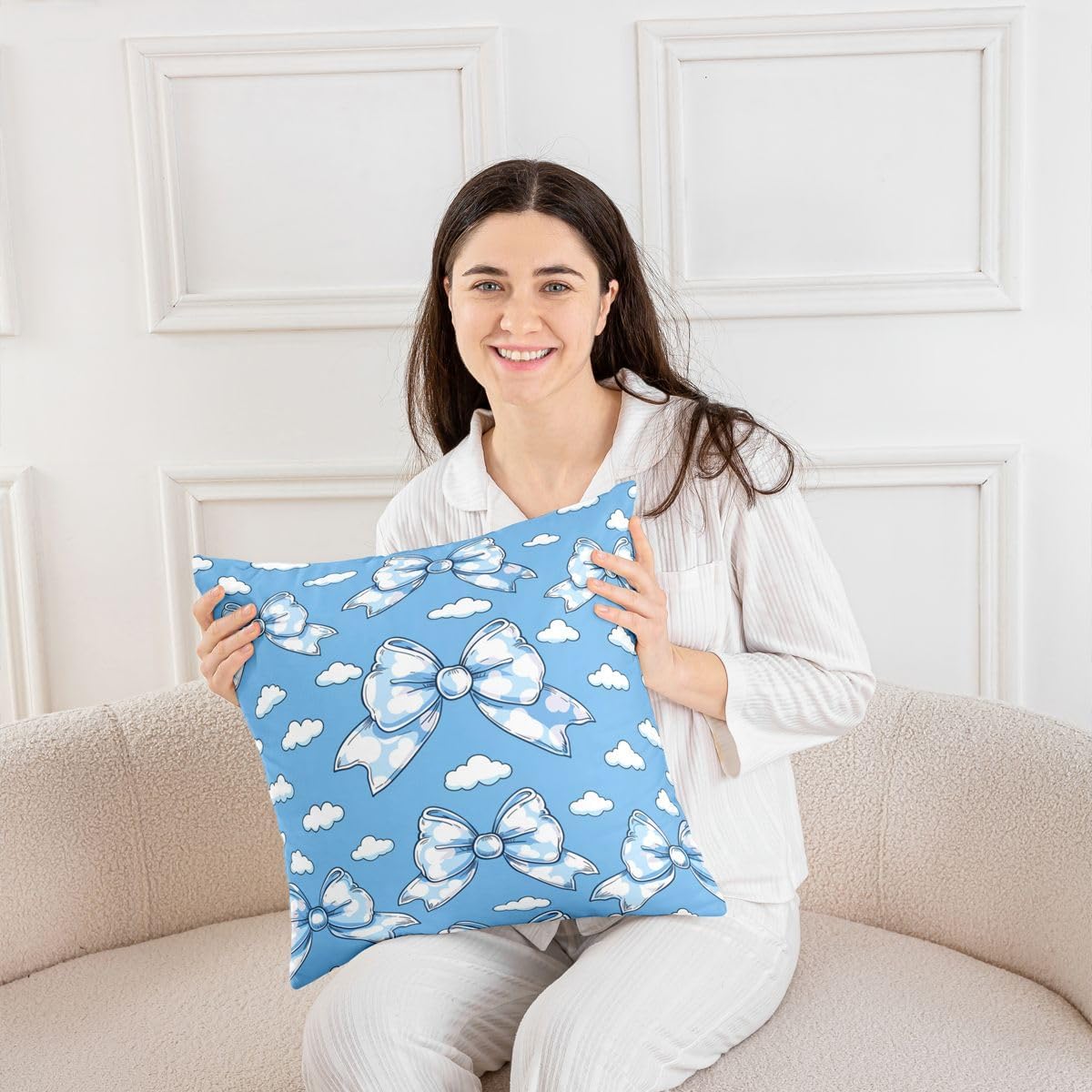 Castle Fairy Blue Bowknot Throw Pillow Cover Girly Kawaii Bow Tie Print Kids Pillow Case for Living Room Bedroom Cartoon Cute White Cloud Home Decor Cushion Cover 18x18 Inch image 4
