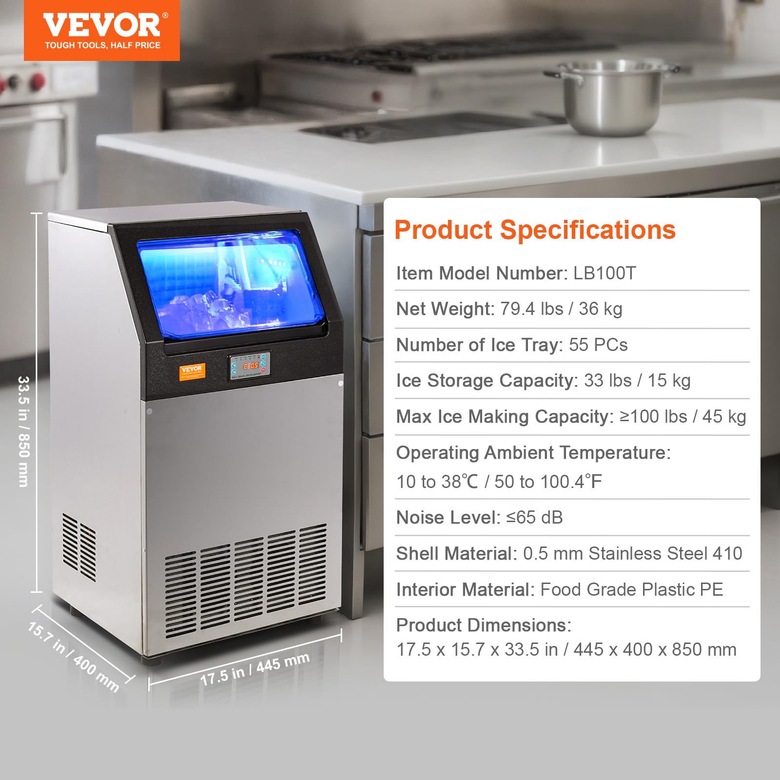 VEVOR Kommerzieller Eisbereiter 45 kg/24 h Eiswürfelmaschine 55 Eiswürfel in 12–15 Minuten Freistehender Schrank-Eisbereiter 15 kg Speicherkapazität LED-Digitalanzeige Silber