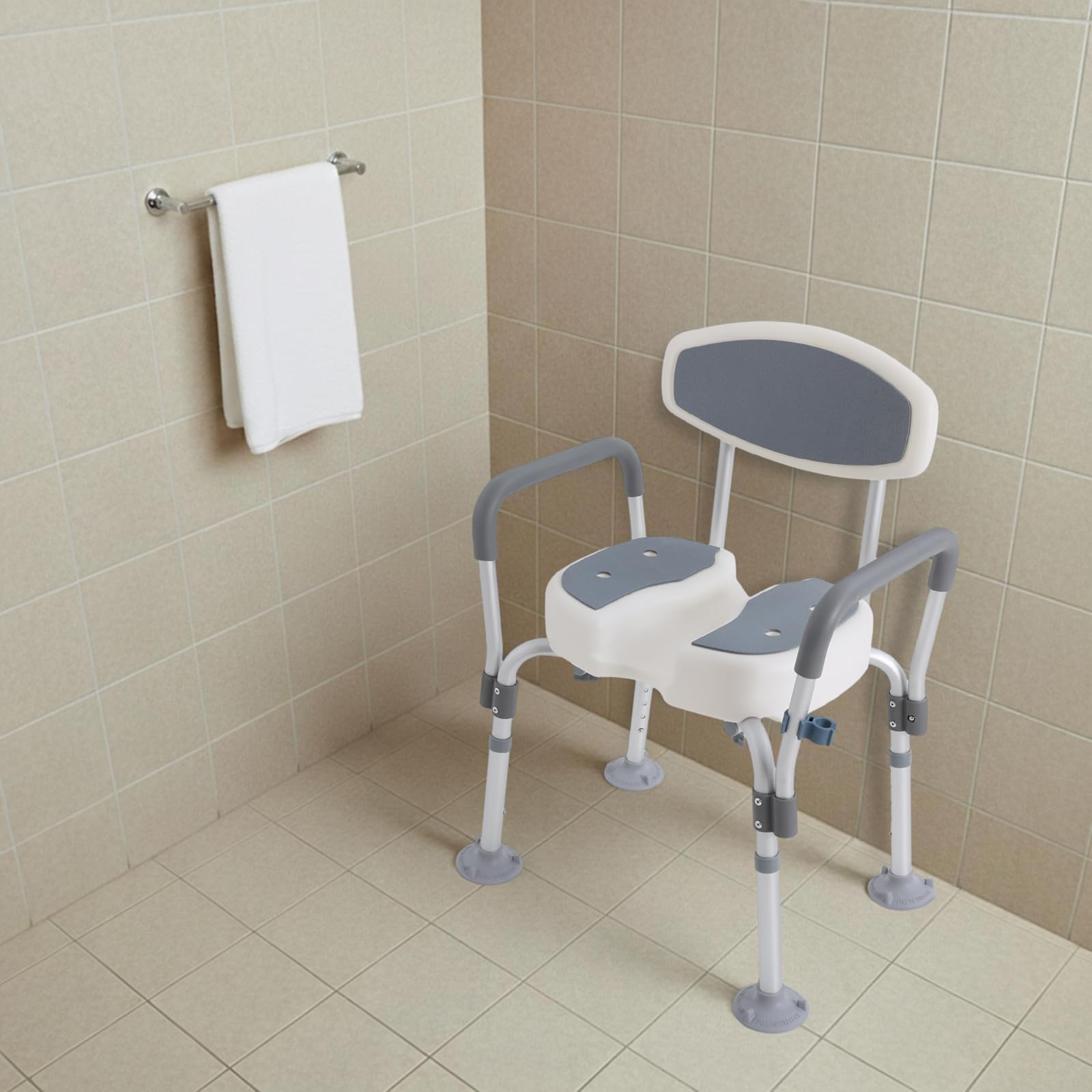 Silla de ducha para personas mayores y embarazadas, taburete de ducha con reposabrazos y respaldo, altura regulable, ayuda de ducha de aluminio, taburete de baño con ranuras y pies antideslizantes