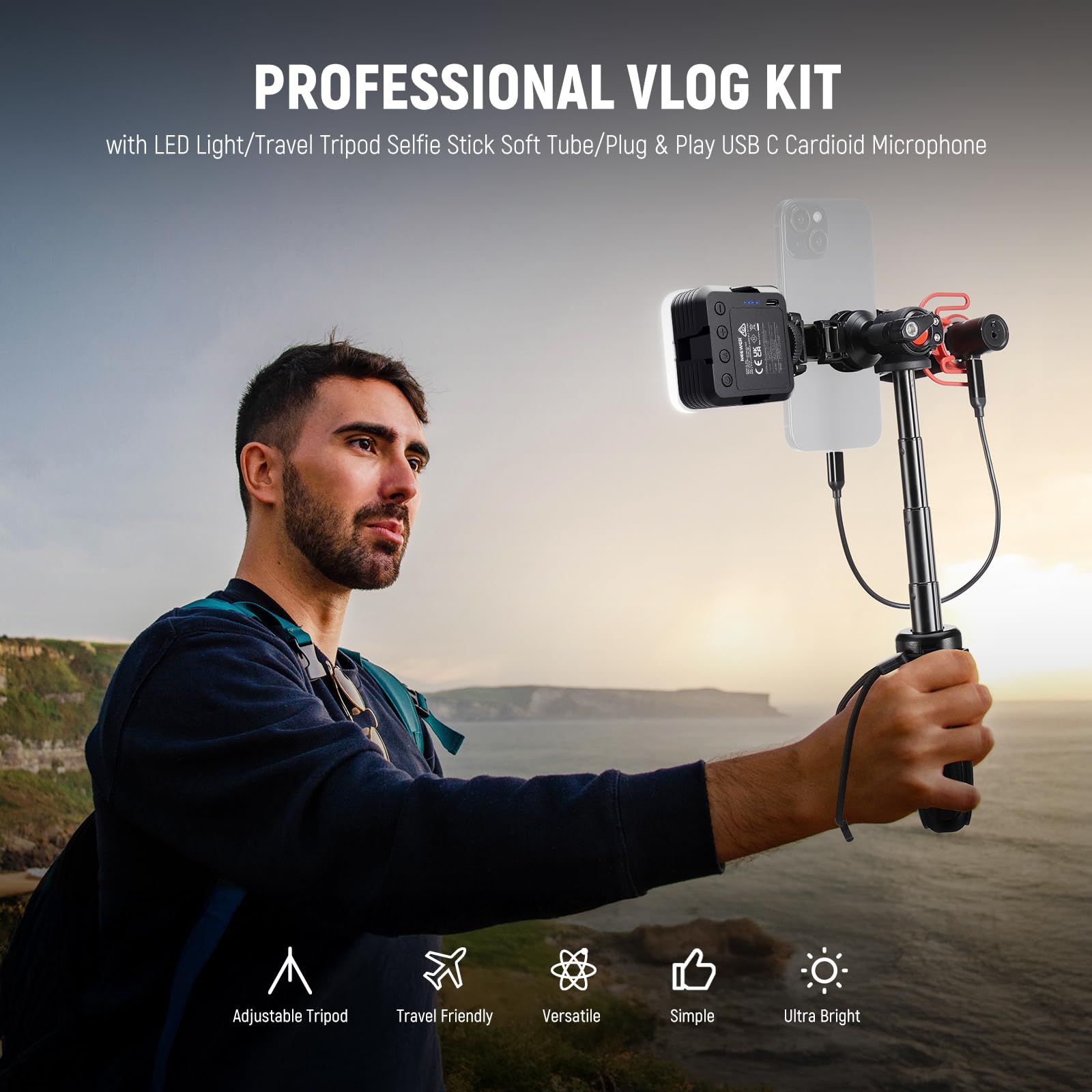 Kit Vlogging PA045 LED Light Tripod Selfie Stick - Dettaglio