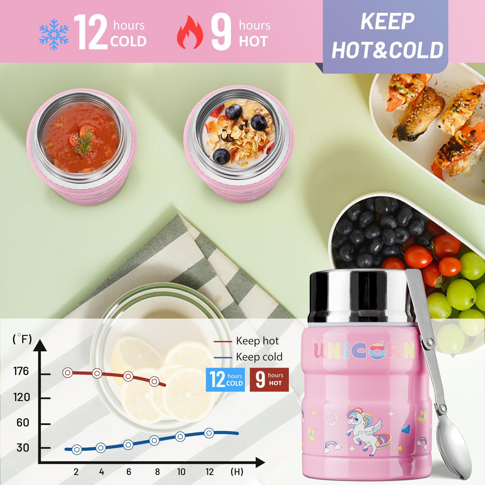 Charcy Termo para niños a prueba de fugas para alimentos calientes, termo de 17 onzas para alimentos calientes con cuchara plegable, contenedor de alimentos aislado, unicornio, rosa