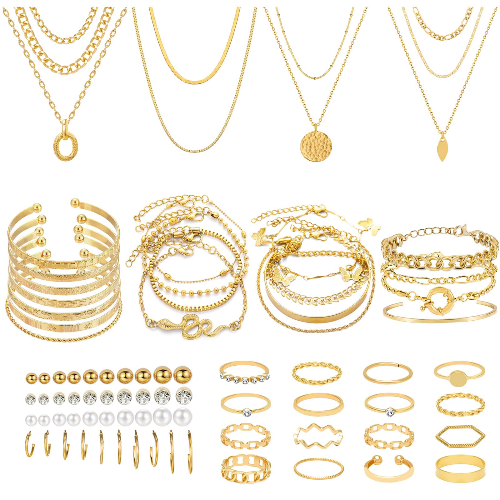 NEWITIN 45 Pieces Silver Jewelry Set for Women Party Costume Punk Jewelry Set Goth Grunge Y2k Accessories Vintage Gothic Necklaces Bracelets Earrings Rings for Women Men