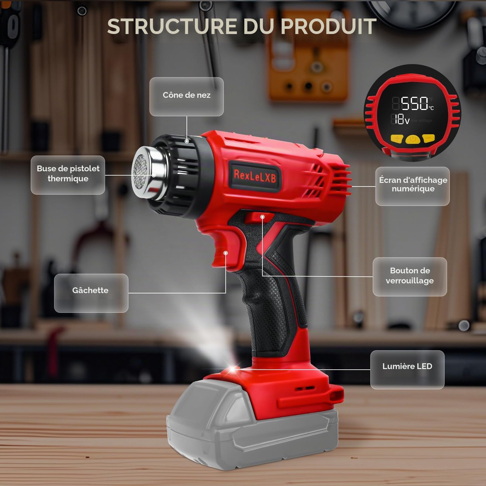 Pistolet à air chaud sans fil à écran pour Milwaukee 18 V Li-ion 400 W 1022 ℉ (550 ℃) Pistolet à air chaud avec protection contre les surcharges, 4 embouts de buse pour souder, bricoler