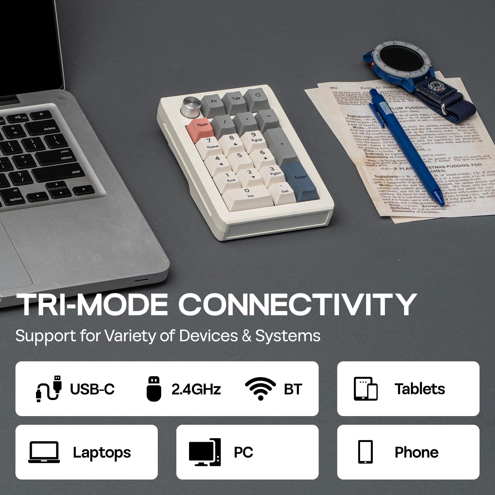 EPOMAKER EK21 Via Teclado Numérico de 3 Modos (Blanco, Wisteria Linear) | 1000mAh, Gasket, BT5.0/2.4GHz/Cable, Hot-Swap, Perilla de Aleación de Aluminio, Numpad Programable, para Win/Mac/Juegos