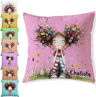 Custom Name Throw Pillow Cover 18x18, Personalized Quirky Girl Cartoon P...