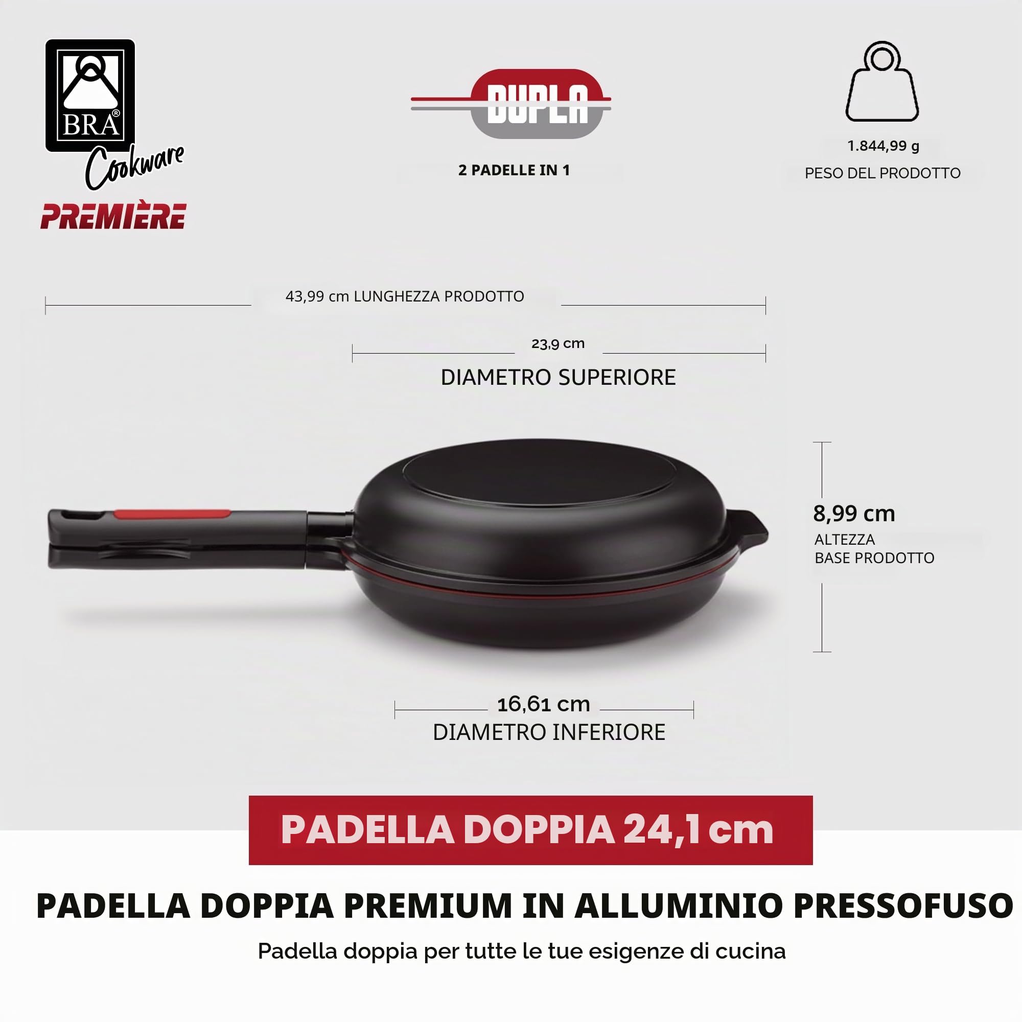 BRA Dupla Premiere | Padella doppia per frittata in alluminio fuso, 24 cm, antiaderente a triplo strato senza PFOA, compatibile con tutti i piani cottura