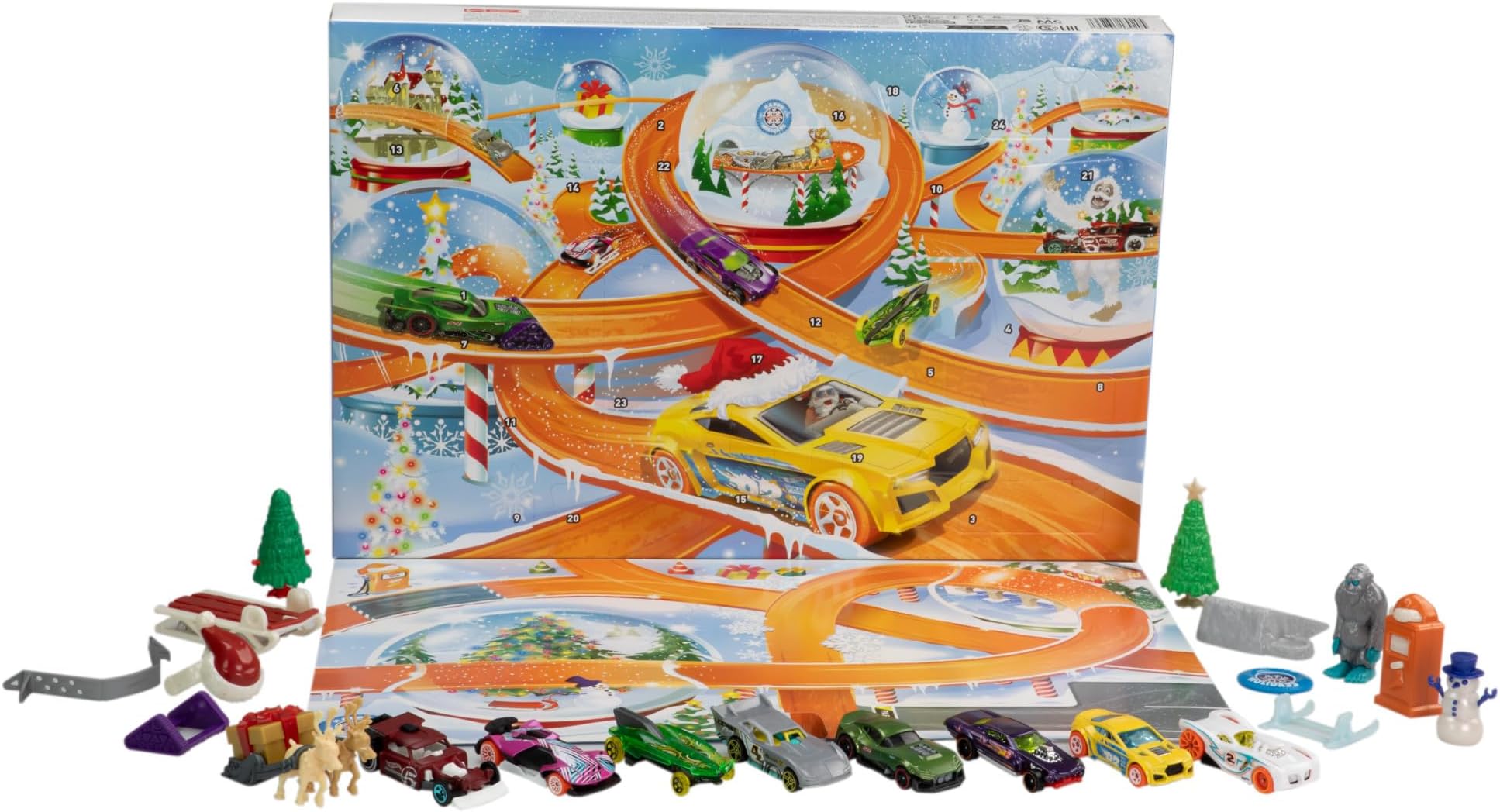 Hot Wheels Toy Cars, 2024 Advent Calendar, 8 Hot Wheels 1:64 Scale Cars, 16 Winter-Themed Accessories behind 24 Numbered Doors & a Playmat