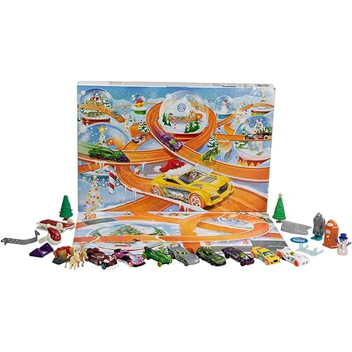 Hot Wheels Toy Cars, 2024 Advent Calendar, 8 1:64 Scale Cars, 16 Winter-Themed Accessories Behind 24 Numbered Doors & a Playmat