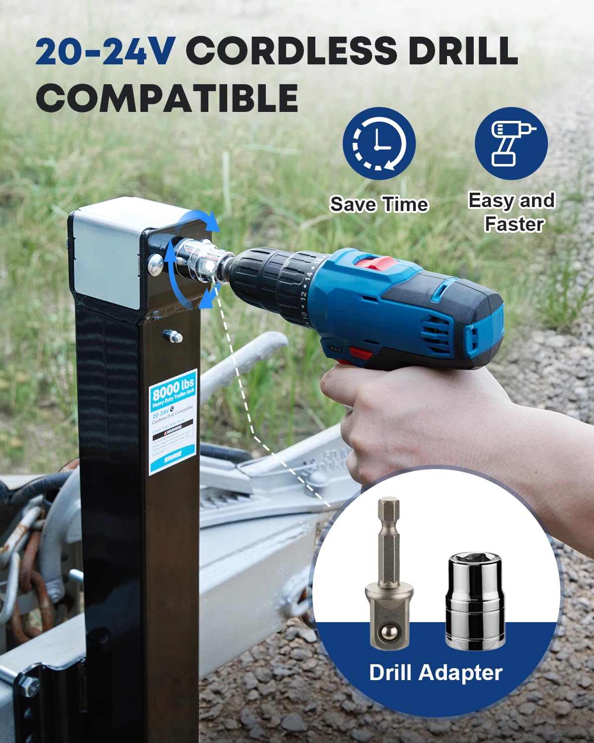 Kohree 8000 lbs Trailer Jack Heavy Duty, 20-24V Electric Drill–Operated, Adjustable Bolt on RV Tongue Jack with Drop Leg & Handle for Boat, Yacht, Horse, Utility Trailer - 4