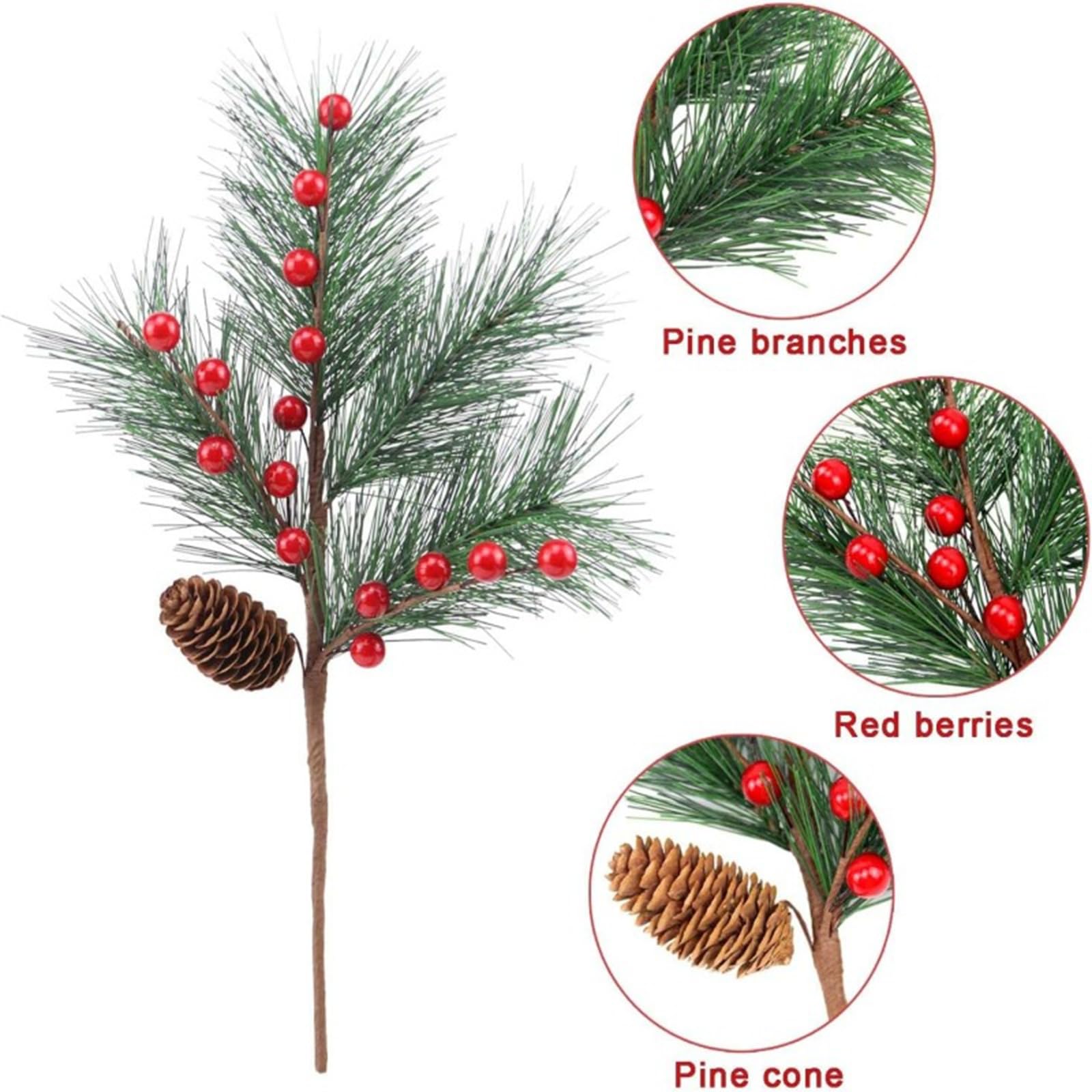 Künstliche Tannenzweige mit roten Beeren & Zapfen,Lange Deko Zweige 40cm,Weihnachtszweige für DIY Kranz,Girlande, Adventskranz,Weihnachtsbaum,Tischdeko,Handwerk Deko (12 Stück)