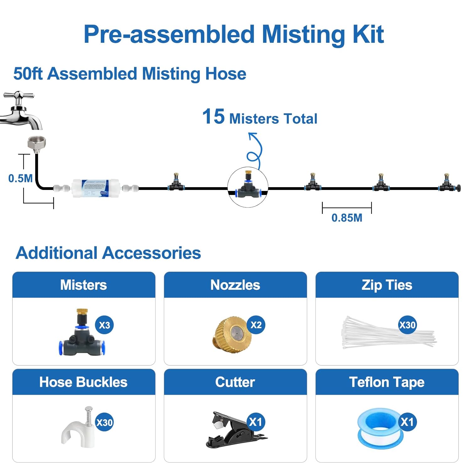 Misting Cooling System w Filter,50FT+20Pcs Brass Mister Nozzles