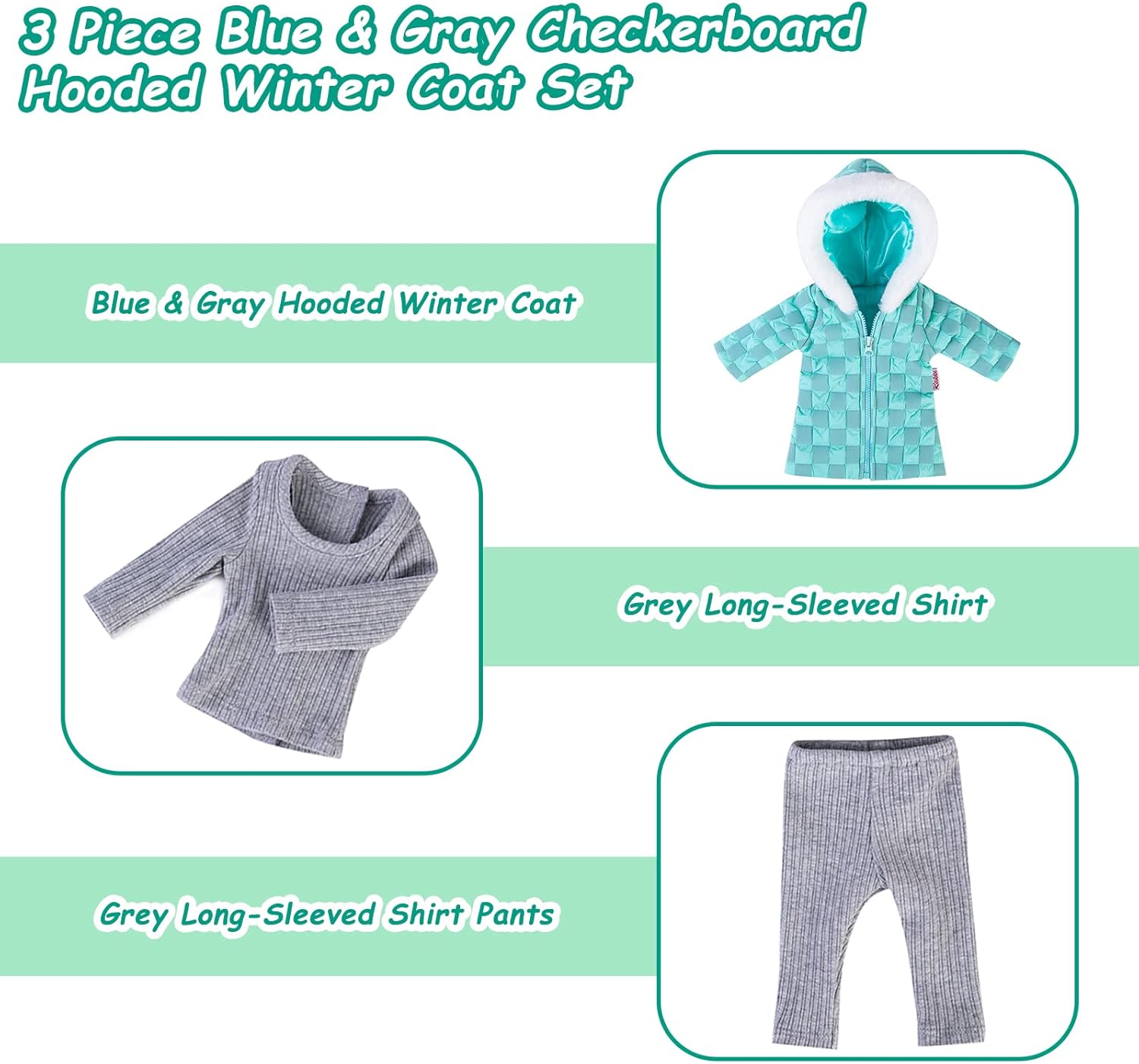 Doll Clothes 3 Pc. Set Blue Grey Plaid Hooded Thick Coat Suit Checkerboard Jacket with Long Sleeve, Warm Doll Outfit Hoodie Snowsuit Fits for 18" Dolls (Doll & Shoes not Included)