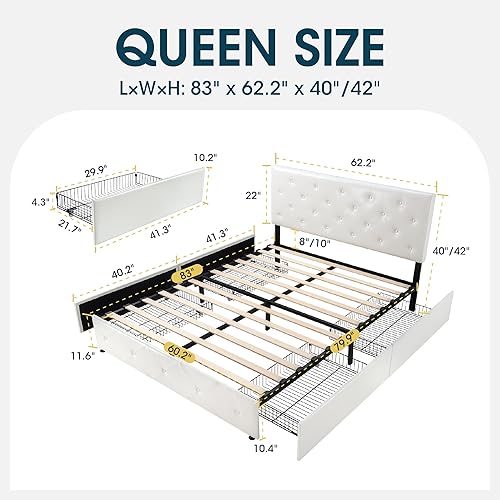 Miniatura 10 de WEEWAY Base de cama Queen con 4 cajones, plataforma tamaño Queen con cabecera capitoné de botón de puntada cuadrada, marco de cama tamaño Queen con