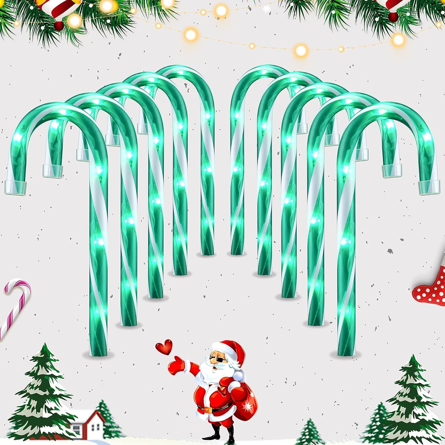 Ultimate Unicorn 10" Christmas Candy Cane Lights (10PCS) for Landscape Decoration, Outdoor Pathway Makers Lights, Candy Cane Walkway Lights Green(Include Stakes)